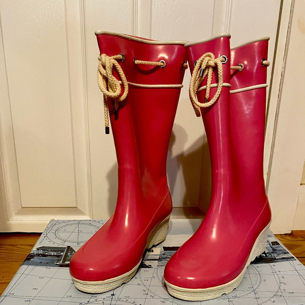 Speedy Sadie Pink Rain Boots with wedge heel.  (In original box)